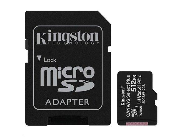obrazok z galerie MicroSDXC karta KINGSTON 512GB Canvas Select Plus Class 10 (r/w 100MB/s / 85MB/s) + adaptér
