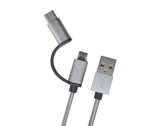 obrazok z galerie mobilNET dátový kábel 2v1, USB-C / micro USB, 1 m, 2.4A, sivý