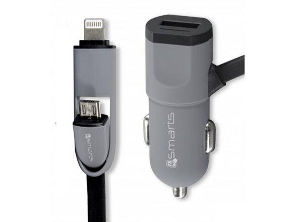 obrazok z galerie Autonabíjačka 4smarts MultiCord 2.4A s Micro-USB/Lightning káblom 1m Čierna