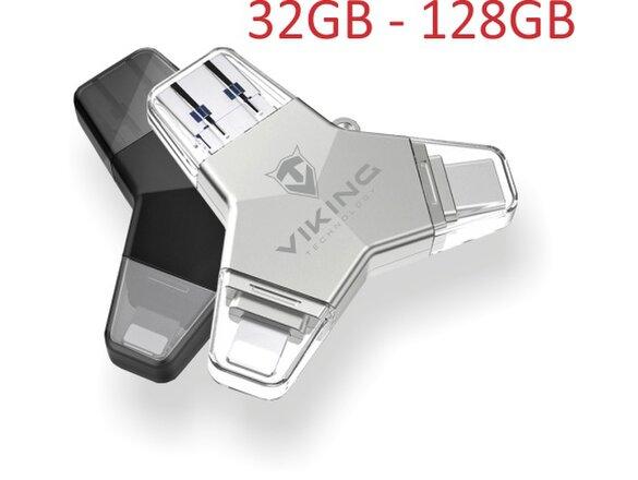 obrazok z galerie VIKING USB FLASH DISK 3.0 4v1 128GB, S KONCOVKOU APPLE LIGHTNING, USB-C, MICRO USB, USB3.0, černá
