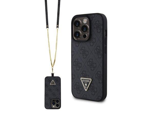 obrazok z galerie Guess PU 4G Strass Triangle Metal Logo Zadní Kryt + Crossbody Popruh pro iPhone 15 Pro Black