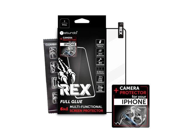 obrazok z galerie Ochranné sklo celotvárové + Ochranné sklo na kameru iPhone 15, Sturdo Rex, čierne