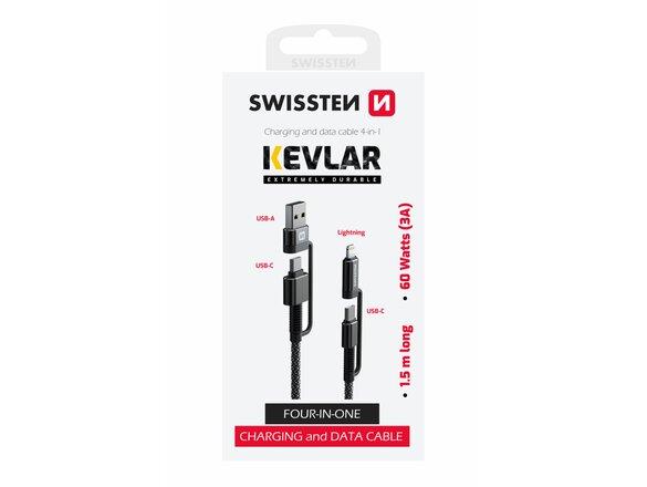 obrazok z galerie Dátový kábel Swissten Kevlar 4in1 USB-C (USB-A)/USB-C (Lightning) 3A 1,5m Čierny
