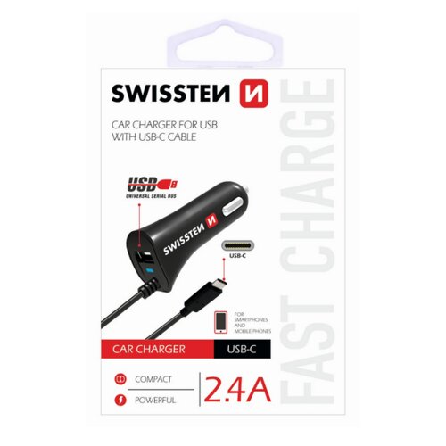 Autonabíjačka Swissten 1xUSB 2.4A s USB-C káblom Čierna