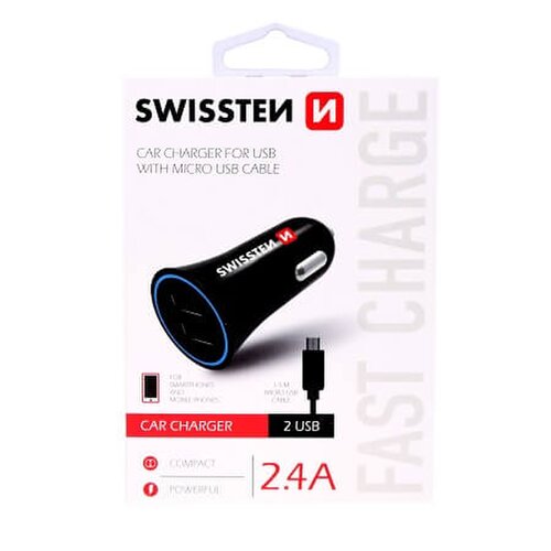 Autonabíjačka Swissten 2xUSB 2.4A + Kábel USB-C 1.2m Čierna