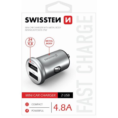 E-shop Autonabíjačka Swissten Metal Mini 2xUSB 4,8A Strieborná