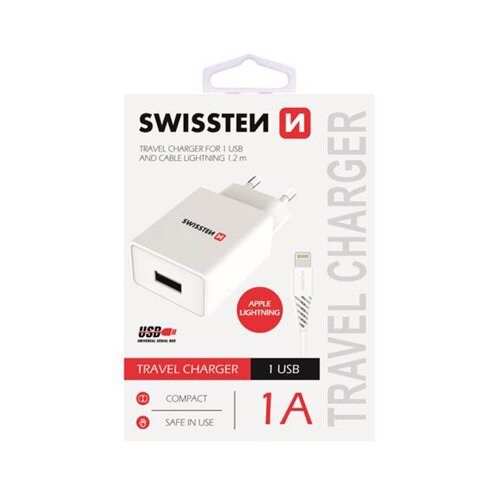 Nabíjačka Swissten SMART IC POWER 5W + Kábel Lightning 1.2m Biela