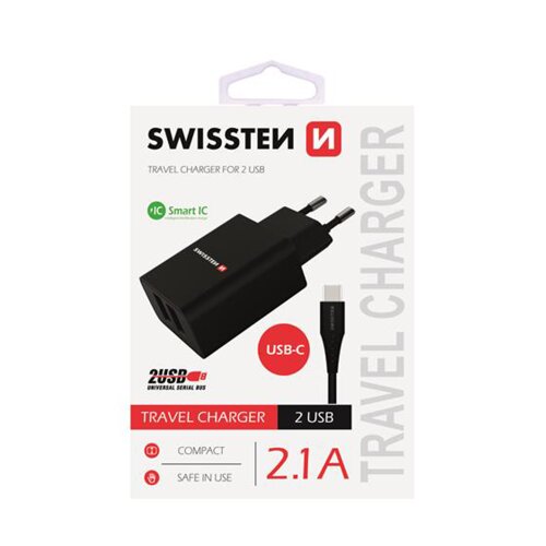 Nabíjačka Swissten SMART IC POWER 2.1A 10W + Kábel USB-C 1.2m Čierna