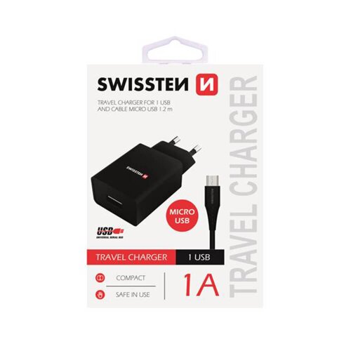 Nabíjačka Swissten SMART IC POWER 1A 5W + Kábel MicroUSB 1.2m Čierna