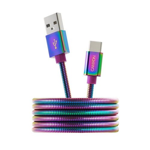 E-shop Canyon CNS-USBC7RW, 1.2 m kábel USB-C / USB 2.0, 5V/9V/2A, priemer 3.8 mm, metalicky opletený, dúhový