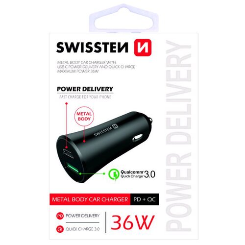 E-shop Autonabíjačka Swissten 36W Quick Charge 3.0 18W + 18W iPD technológia Čierna