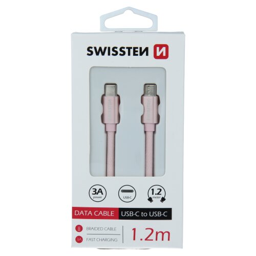 Dátový kábel Swissten USB-C/USB-C 1.2m Ružový opletený