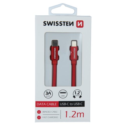 Dátový kábel Swissten USB-C/USB-C 1.2m Červený opletený