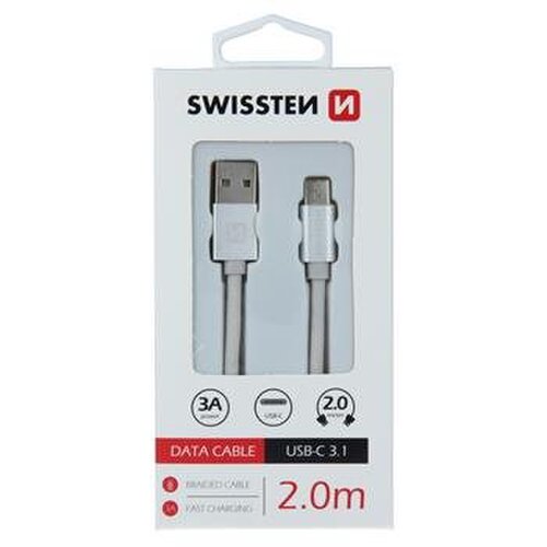 Dátový kábel Swissten USB-C Quick Charge 3A 2m Biely opletený