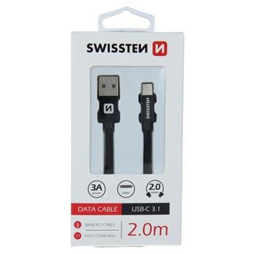Dátový kábel Swissten USB-C Quick Charge 3A 2m Čierny opletený