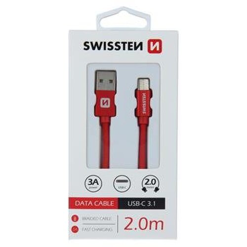 Dátový kábel Swissten USB-C Quick Charge 3A 2m Červený opletený