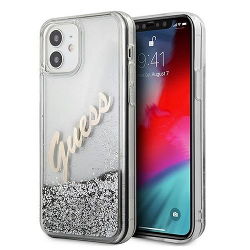 Guess case for iPhone 12 Pro Max 6,7" GUHCP12LGLVSSI silver hard case Glitter Vintage Script