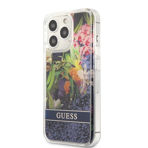 Puzdro Guess Liquid Glitter Flower iPhone 13 Pro - modré