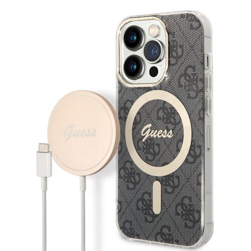 Puzdro Guess 4G MagSafe + Bezdrôtová nabíjačka pre iPhone 14 Pro - čierne