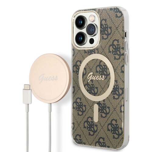 Puzdro Guess 4G MagSafe + Bezdrôtová nabíjačka pre iPhone 14 Pro Max - hnedé