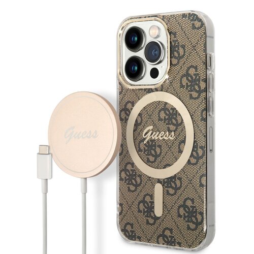 Puzdro Guess 4G MagSafe + Bezdrôtová nabíjačka pre iPhone 14 Pro - hnedé