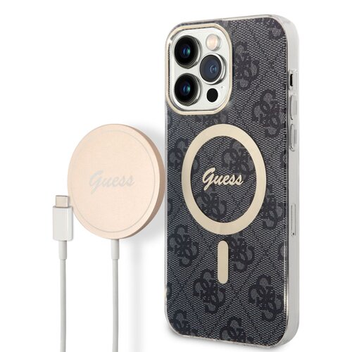 Puzdro Guess 4G MagSafe + Bezdrôtová nabíjačka pre iPhone 14 Pro Max - čierne