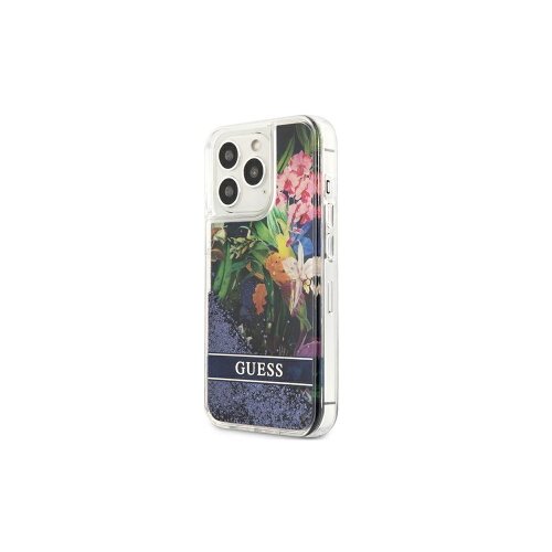 Guess case for iPhone 13 Pro GUHCP13LLFLSB blue hard case Glitter Flower