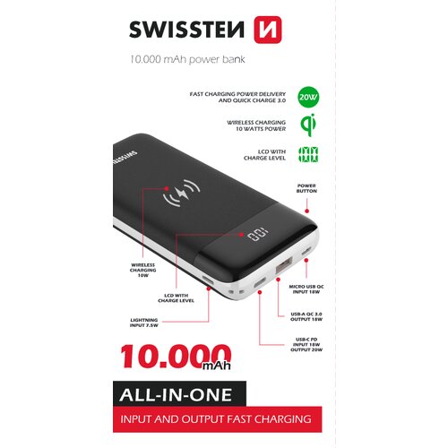 E-shop Powerbank Swissten WIRELESS ALL-IN-ONE 10000 mAh, Čierna