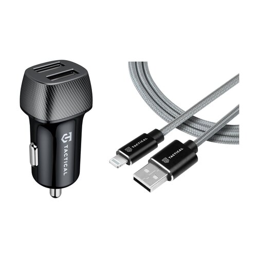 E-shop Tactical Field Plug Dual 12W + Tactical Fast Rope Aramid Cable USB-A/Lightning MFi 0.3m Grey