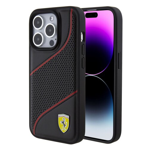 E-shop Ferrari PU Leather Perforated Slanted Line Zadní Kryt pro iPhone 15 Pro Black
