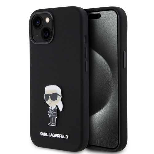Puzdro Karl Lagerfeld Liquid Silicone Metal Ikonik iPhone 15 - čierne