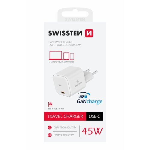 E-shop Swissten sieťový adaptér GaN 1x USB-C 45W POWER DELIVERY Biely