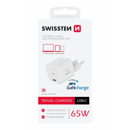 E-shop Swissten sieťový adaptér GaN 1x USB-C 65W POWER DELIVERY Biely