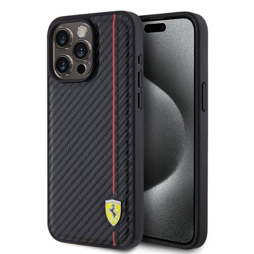 E-shop Ferrari PU Leather Carbon Vertical Red Line Zadní Kryt pro iPhone 15 Pro Max Black