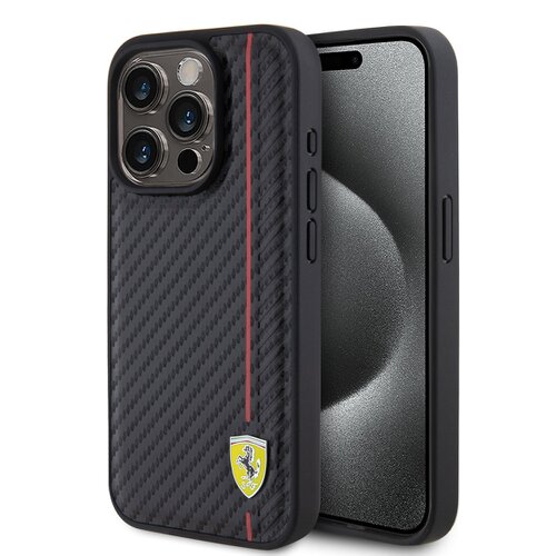 E-shop Ferrari PU Leather Carbon Vertical Red Line Zadní Kryt pro iPhone 15 Pro Black