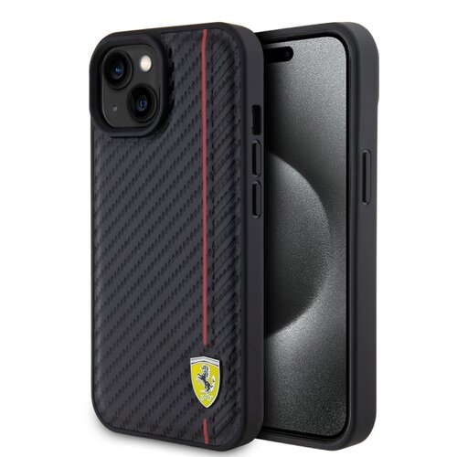 E-shop Ferrari PU Leather Carbon Vertical Red Line Zadní Kryt pro iPhone 15 Black