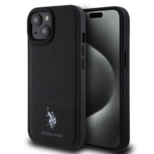 E-shop U.S. Polo PU Leather Mesh Pattern Double Horse Zadní Kryt pro iPhone 15 Black
