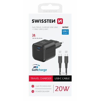 NABÍJAČKA 20W GaN (1x USB-C 20W PD) + DÁTOVÝ KÁBEL USB-C/USB-C 1,2 M Čierna