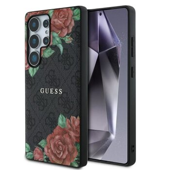 Guess PU Leather 4G Flowers Print Metal Classic Logo MagSafe Zadní Kryt pro Samsung Galaxy S25 Ultra Black